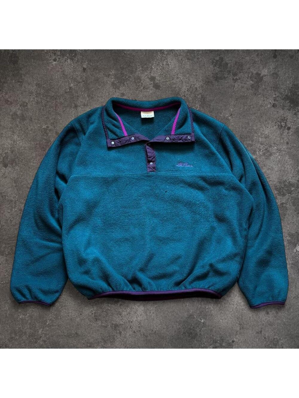 Beautiful Vintage 90s L.L.Bean teal fleece pullover with purple trim